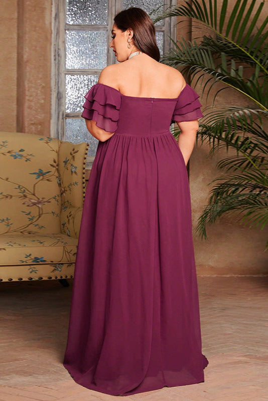 Chiffon Evening Dress – Straight Shoulder Long Bridesmaid and Bridal Gown with Loose Fit and Large Sleeves