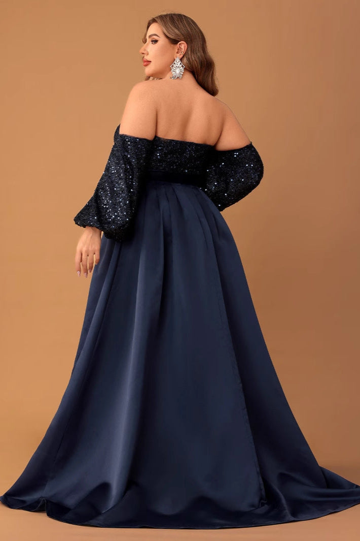 Plus Size off Shoulder Sequin Satin Evening Dress with Balloon Sleeve