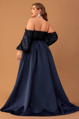 Plus Size off Shoulder Sequin Satin Evening Dress with Balloon Sleeve