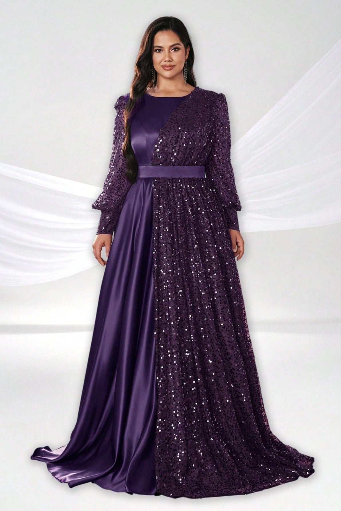 Plus Size Crew Neck with Balloon Sleeves Sequin Satin Evening Dress
