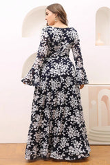 Plus Size Floral Evening Dress – Slim Fit Long Sleeve Gown with Bell Sleeves for Annual Meetings and Parties