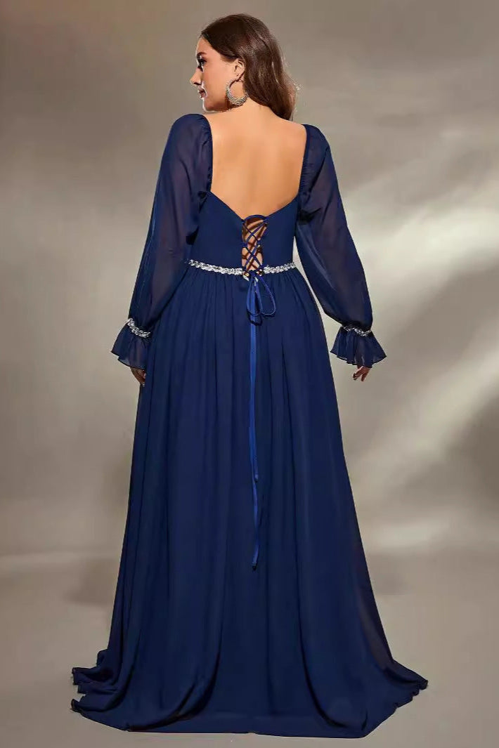 Plus Size Chiffon Evening Dress – Elegant Long Sleeve Square Neck Gown for Prom and Formal Parties
