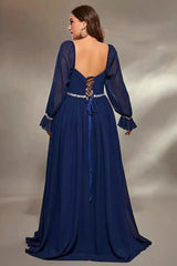 Plus Size Chiffon Evening Dress – Elegant Long Sleeve Square Neck Gown for Prom and Formal Parties