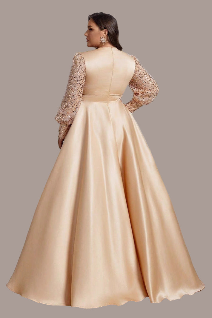 Plus Size Crew Neck with Balloon Sleeves Sequin Satin Evening Dress
