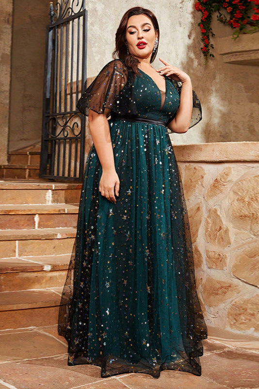 Fairy Style Evening Dress – Sparkling V-Neck Swing Gown with Puff Sleeves