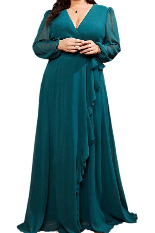 Plus Size Dress – Long Sleeve Chiffon Ruffle Mid-Length Gown