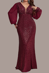 Plus Size Sequin Beaded Mermaid Evening Dress – Long Sleeve V-Neck Prom Party Gown