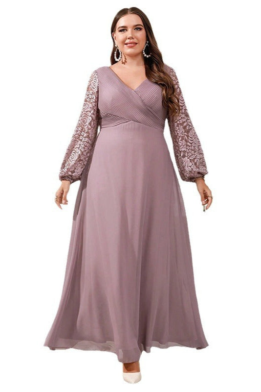 Plus Size Satin Evening Dress – V-Neck Long Sleeve Slim Gown with Sequins for Women