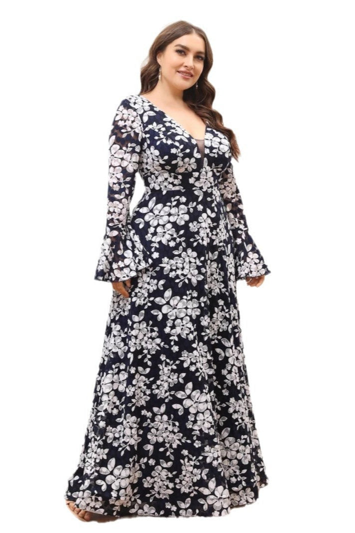 Plus Size Floral Evening Dress – Slim Fit Long Sleeve Gown with Bell Sleeves for Annual Meetings and Parties