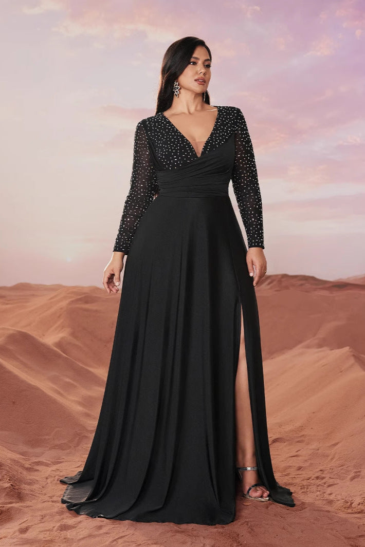 Solid Color V-Neck Evening Dress – Long Sleeve Elegant Swing Gown for Banquets