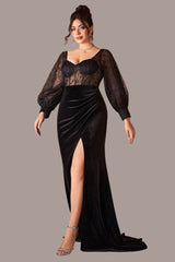 Sexy Long Sleeve Evening Dress – See-Through Low Cut Slit Gown