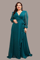 Plus Size Dress – Long Sleeve Chiffon Ruffle Mid-Length Gown