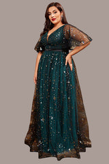Fairy Style Evening Dress – Sparkling V-Neck Swing Gown with Puff Sleeves