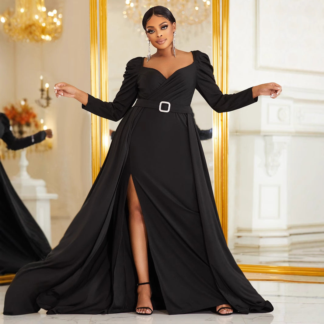 Plus Size Black V-Neck Evening Dress – Elegant Banquet Gown with Belt and Slit