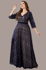 Plus Size Lace Evening Dress – Elegant V-Neck Embroidered Swing Gown with Mid-Length Sleeves