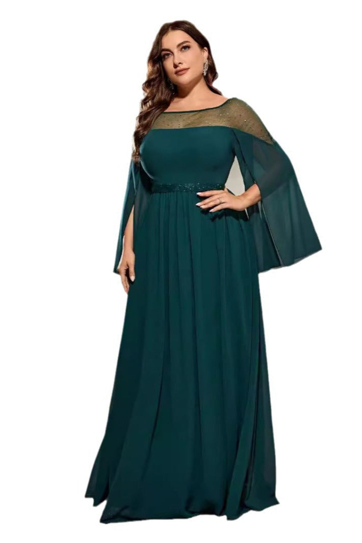 Plus Size Black Chiffon Evening Dress – Long Round Neck Bridesmaid and Mother of the Bride Gown