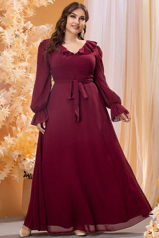 Elegant French V-Neck Dress – Ruffled Chiffon Long Skirt with Waist Slim Design