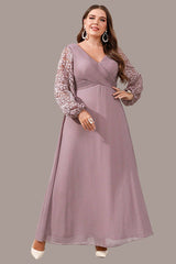 Plus Size Satin Evening Dress – V-Neck Long Sleeve Slim Gown with Sequins for Women