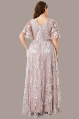 Plus Size Prom & Evening Dress – Lace Embroidered V-Neck Short Sleeve Swing Gown for Parties and Weddings