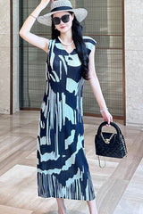 Retro design long contrast dress Miyake summer 2025 female slimming crew neck sleeveless pleated skirt