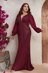 Plus Size Sequin Beaded Mermaid Evening Dress – Long Sleeve V-Neck Prom Party Gown
