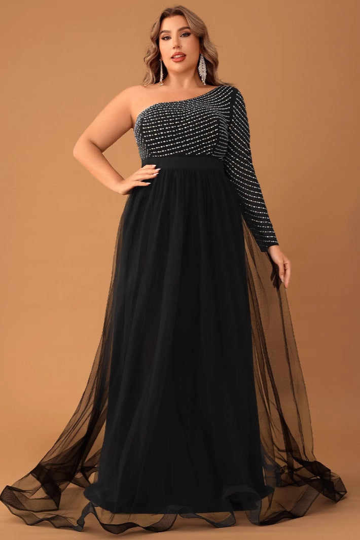 Plus Size One Sleeve Mesh Evening Dress – Elegant Diamond Patchwork Prom Party Gown