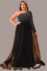 Plus Size One Sleeve Mesh Evening Dress – Elegant Diamond Patchwork Prom Party Gown