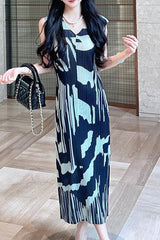 Retro design long contrast dress Miyake summer 2025 female slimming crew neck sleeveless pleated skirt