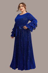 Plus Size Gold Velvet Evening Dress – Elegant Long Bell Sleeve Gown with Bronzing Design