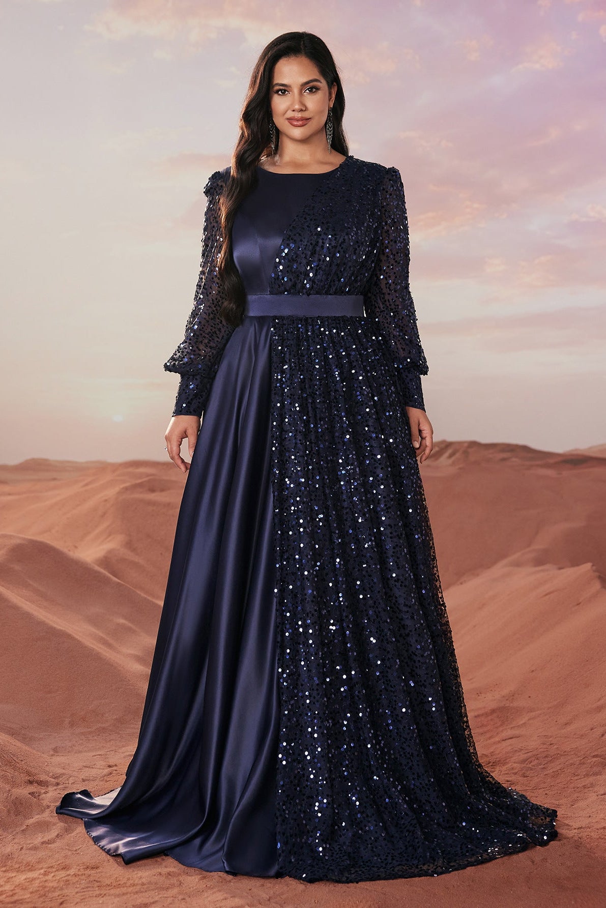 Plus Size Crew Neck with Balloon Sleeves Sequin Satin Evening Dress