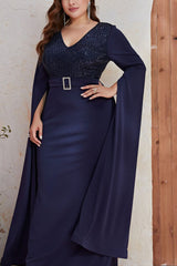 Plus Size Sequin Evening Dress – Long Sleeve V-Neck Gown with Slit