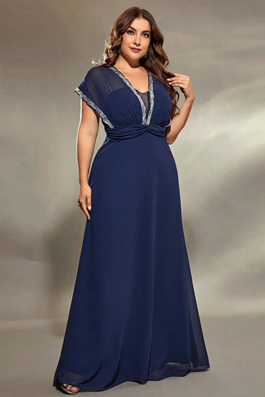 Plus Size Lace Evening Dress – Sexy Deep V Slim Fit Gown with Defined Waist