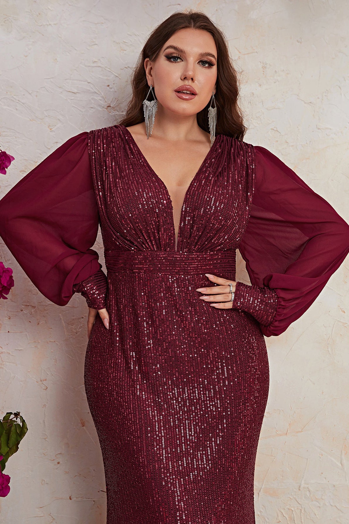 Plus Size Sequin Beaded Mermaid Evening Dress – Long Sleeve V-Neck Prom Party Gown