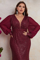 Plus Size Sequin Beaded Mermaid Evening Dress – Long Sleeve V-Neck Prom Party Gown