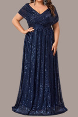 Shiny Sequin Plus Size V-Neck Dress – Shawl Sleeve Formal Evening Wear