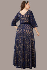Plus Size Lace Evening Dress – Elegant V-Neck Embroidered Swing Gown with Mid-Length Sleeves