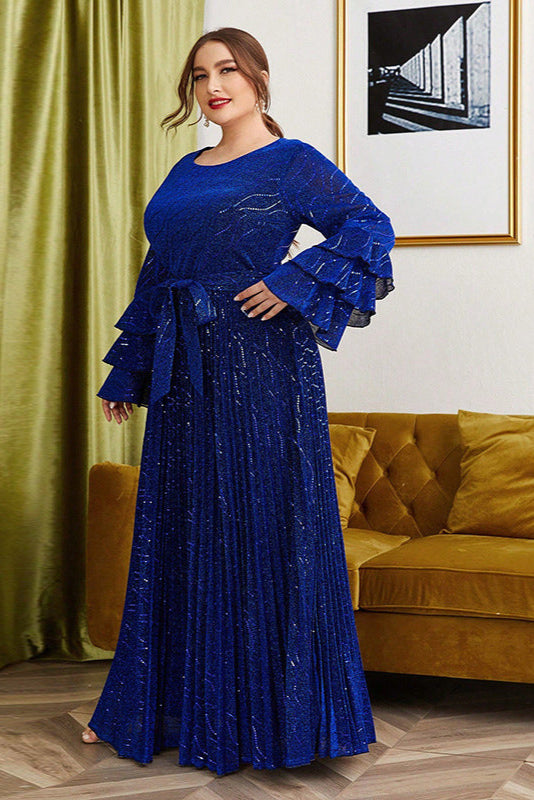 Plus Size Gold Velvet Evening Dress – Elegant Long Bell Sleeve Gown with Bronzing Design