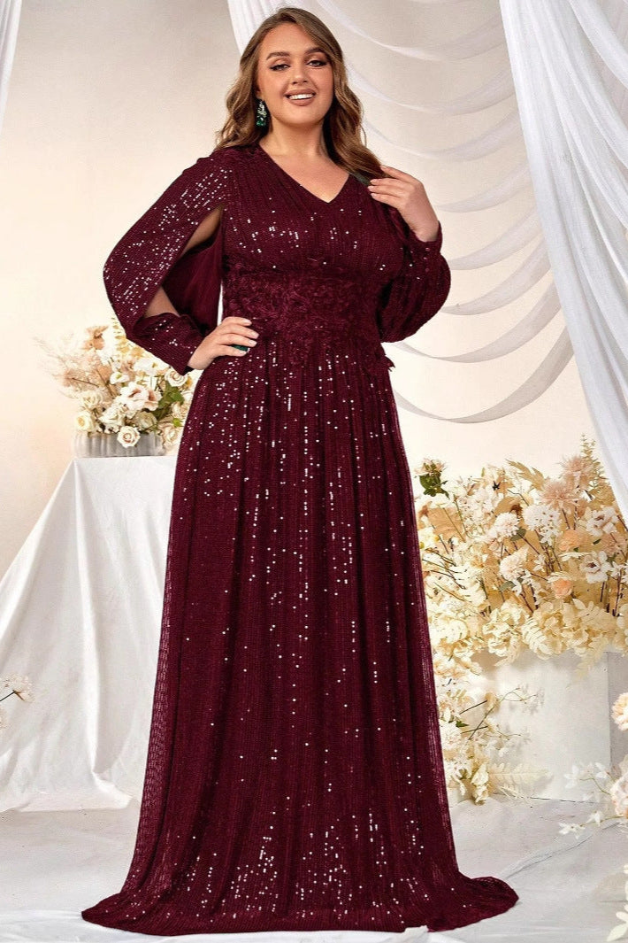 Plus Size Sequin Evening Dress – Long Sleeve V-Neck Prom Gown with Slit and Floor-Length Hem