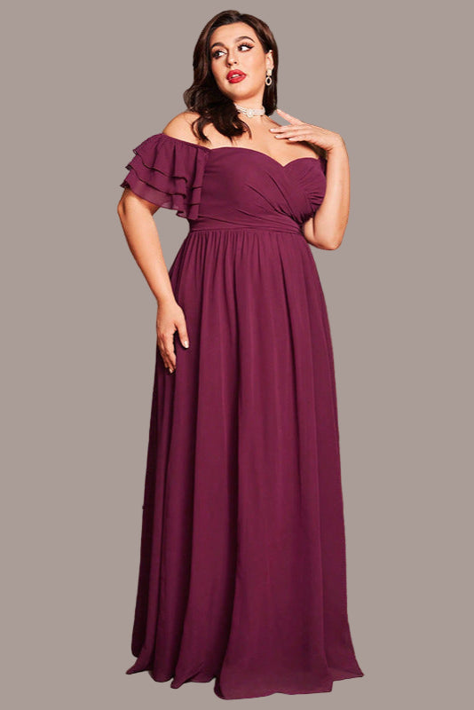 Chiffon Evening Dress – Straight Shoulder Long Bridesmaid and Bridal Gown with Loose Fit and Large Sleeves