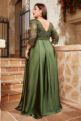 Plus Size Satin Evening Dress – Elegant V-Neck Long Sleeve Gown with Sequins and Slim Long Skirt for Women