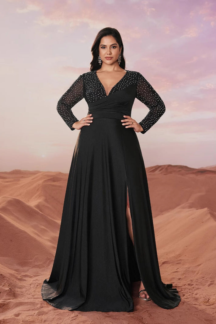Solid Color V-Neck Evening Dress – Long Sleeve Elegant Swing Gown for Banquets