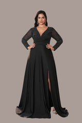 Solid Color V-Neck Evening Dress – Long Sleeve Elegant Swing Gown for Banquets
