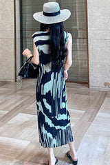 Retro design long contrast dress Miyake summer 2025 female slimming crew neck sleeveless pleated skirt