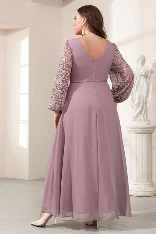 Plus Size Satin Evening Dress – V-Neck Long Sleeve Slim Gown with Sequins for Women