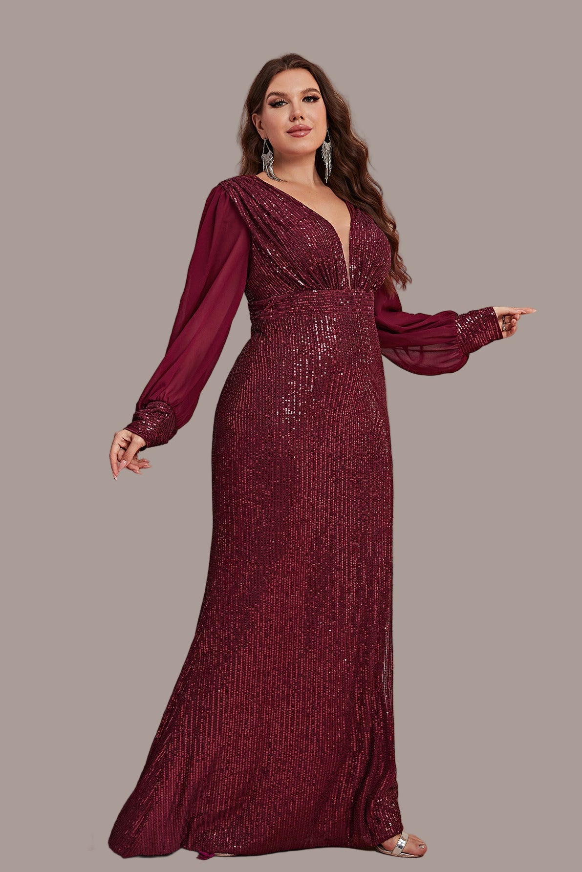 Plus Size Sequin Beaded Mermaid Evening Dress – Long Sleeve V-Neck Prom Party Gown