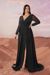 Solid Color V-Neck Evening Dress – Long Sleeve Elegant Swing Gown for Banquets