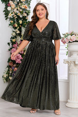 Plus Size Shiny V-Neck Formal Dress – Short Sleeve Swing Style with Back Zipper