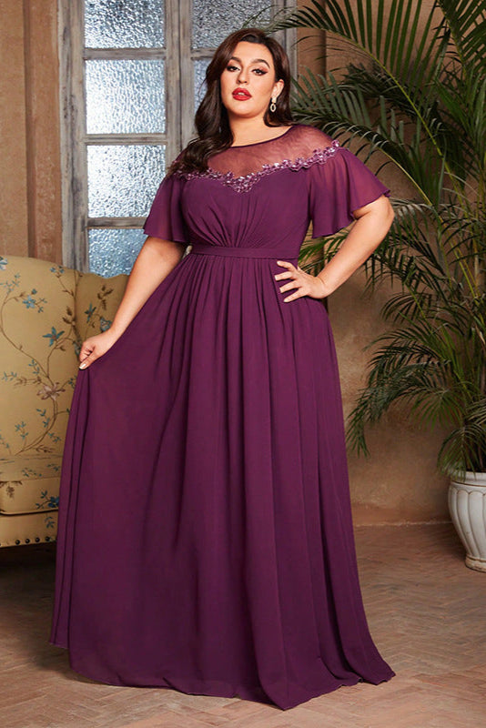 Plus Size Sequin Evening Dress – Elegant Round Neck Bridesmaid and Party Gown