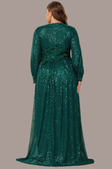 Plus Size Sequin Evening Dress – Long Sleeve V-Neck Prom Gown with Slit and Floor-Length Hem