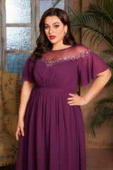 Plus Size Sequin Evening Dress – Elegant Round Neck Bridesmaid and Party Gown